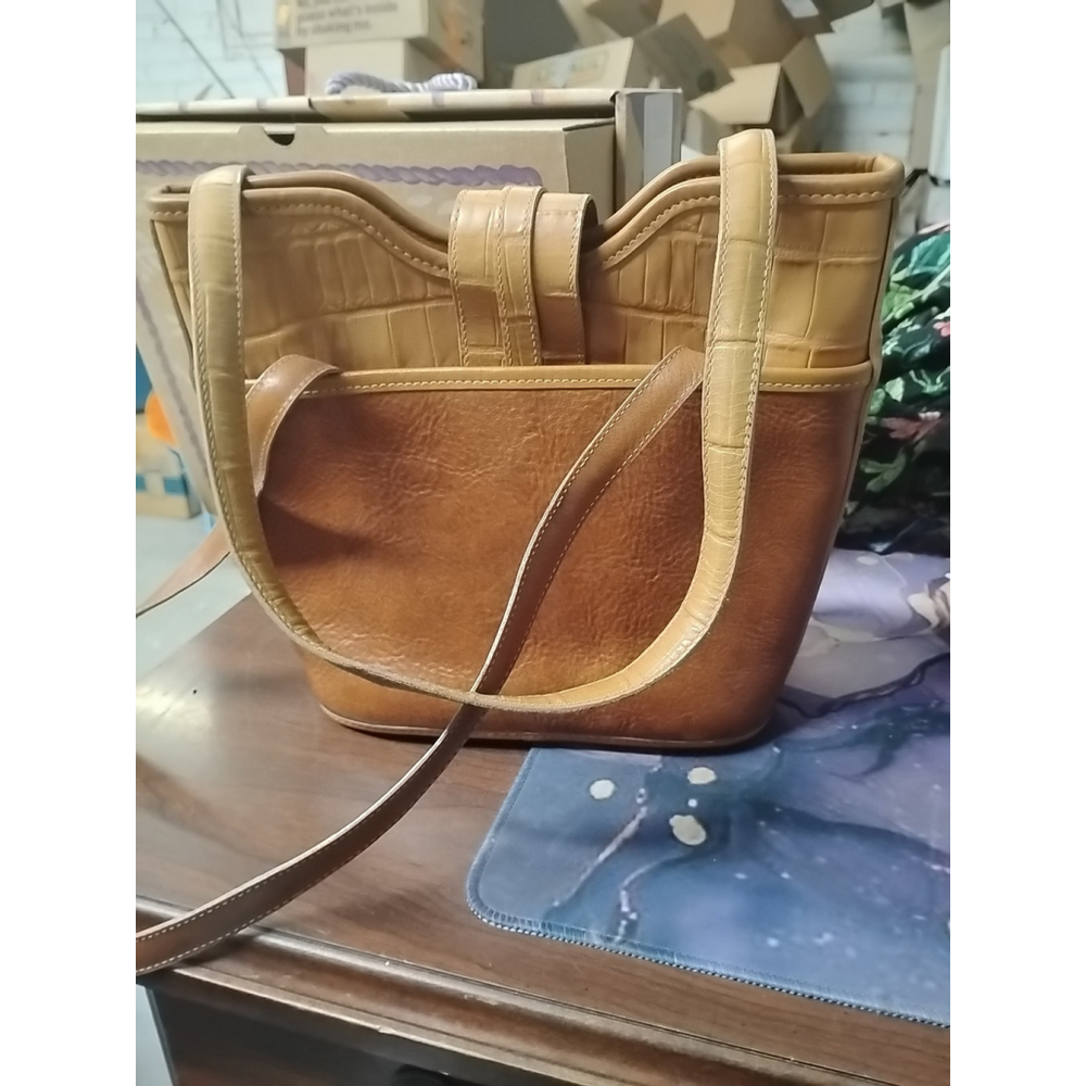 BRIGHTON Tan Cream Brown Croc Leather Bucket Shoulder Handbag Satchel Purse Bag - Picture 4 of 11